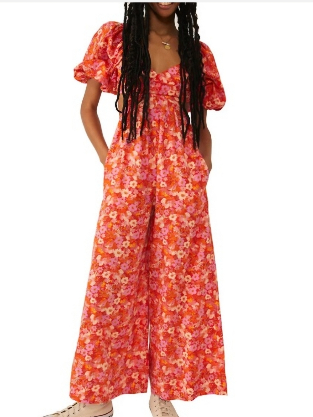 Free People Sasha Floral Puff Sleeve Cutout Wide Leg Jumpsuit Orange Pink L